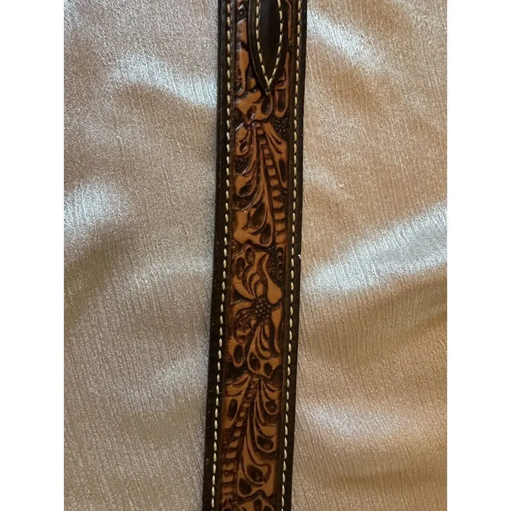vintage USA made JUSTIN buckle belt 32 cowhide leather WESTERN brown‎ TOOLED